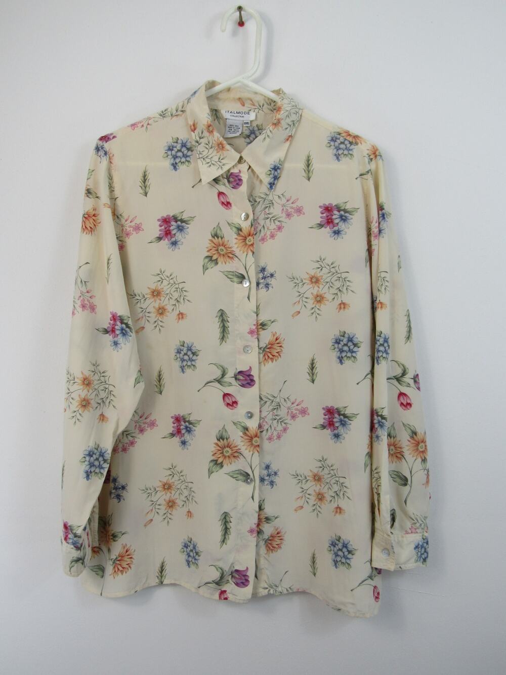 Italmode XXL 100% Silk Floral Cream Button Up Blouse Botanical Vintage